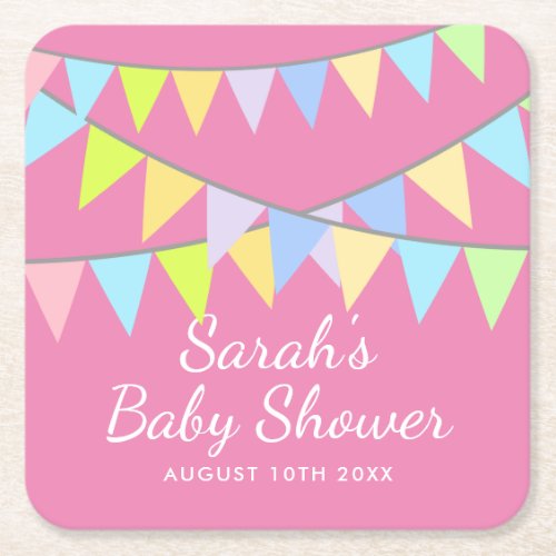 Girls baby shower party with custom name square paper coaster