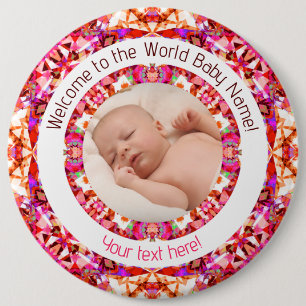 Girls Baby Shower Vibrant Pink Custom Photo Text Button