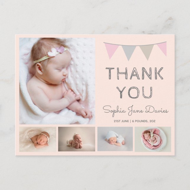 Girls baby thank you, pink birth announcement postcard (Front)