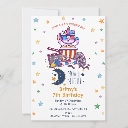 Girls Backyard Movie Night Birthday Party  Invitation