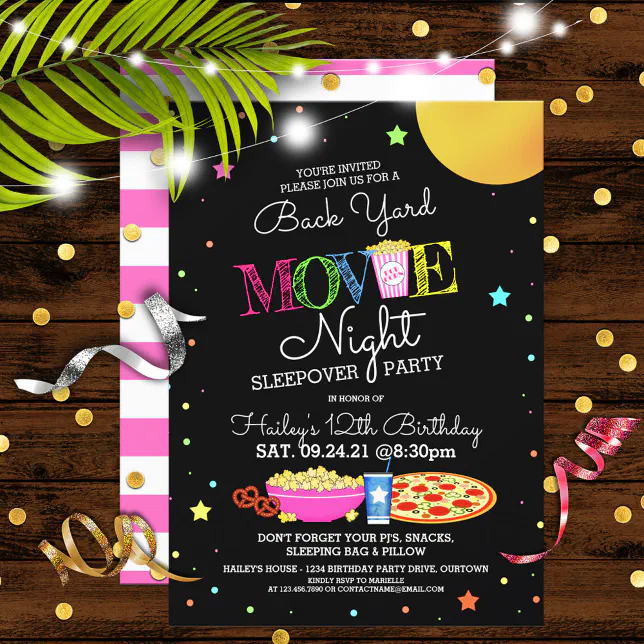 Girl's Backyard Movie Night Birthday Party Invitation | Zazzle