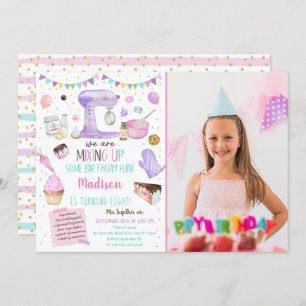 Girls Baking Party Pink Gold Cake Cupcake Birthday Invitation