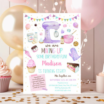 Girls Baking Party Pink Gold Cake Cupcake Birthday Invitation by LittlePrintsParties at Zazzle