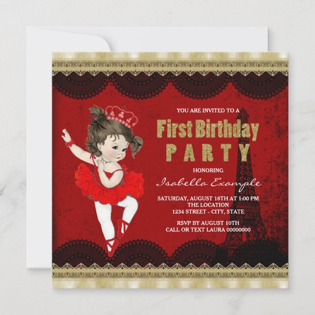 Girls Ballerina Vintage Paris First Birthday Party Invitation (Front)