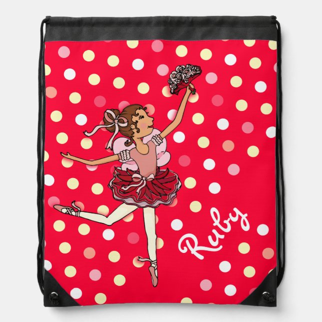 Girls ballet ballerina red name drawstring bag (Front)