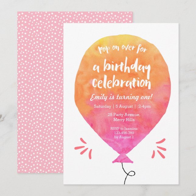 Girls Balloon Birthday Invitation (Front/Back)