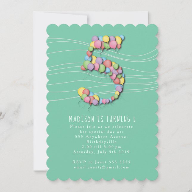 Girls Balloons Aqua 5th Fifth Birthday Party Invitation (Front)