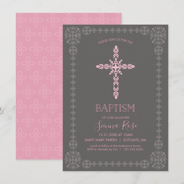 Girls Baptism, Christening Invitation w/ Cross (Front/Back)