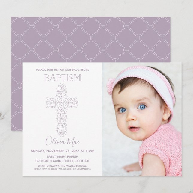 Girl's Baptism, Christening Invitation with Photo (Front/Back)