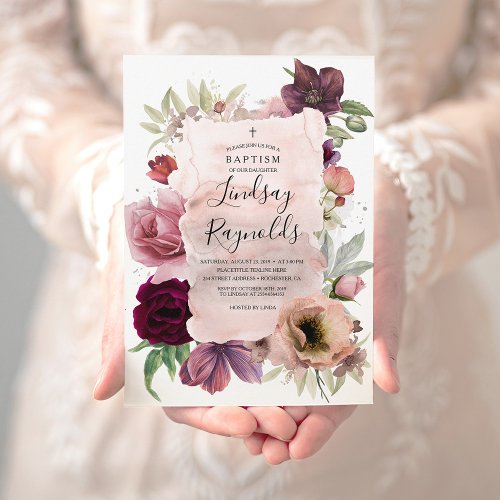 Girls Baptism  Dusty Pink and Burgundy Red Floral Invitation
