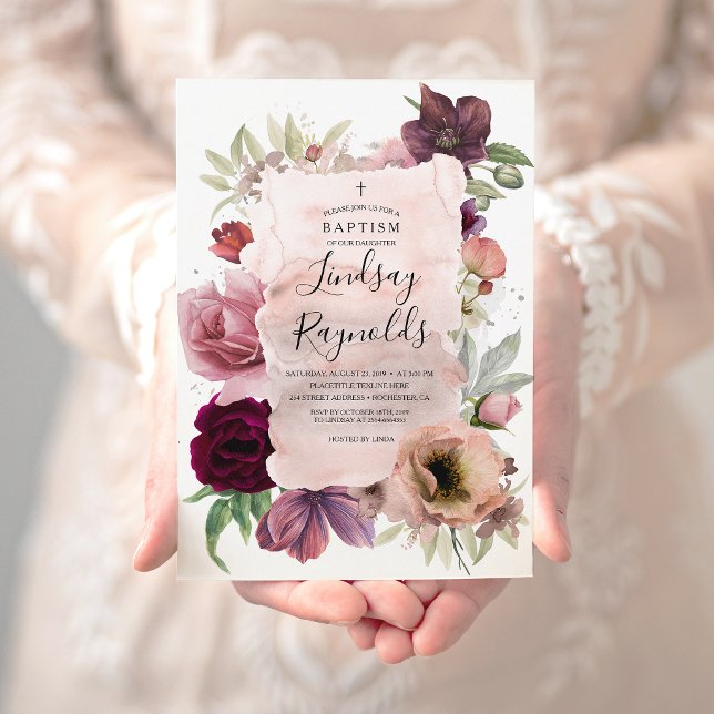 Girls Baptism | Dusty Pink and Burgundy Red Floral Invitation