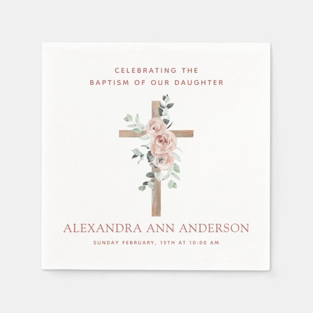 Girl's Baptism Dusty Pink Rose Christian Napkins (Front)