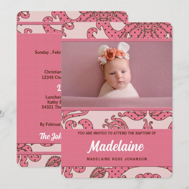 Girl's Baptism in Pink and Brown with Photo Invitation (Front/Back)
