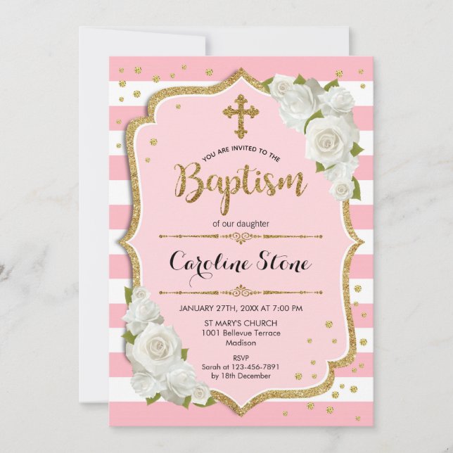 Girls Baptism Invitation - Pink Gold White (Front)