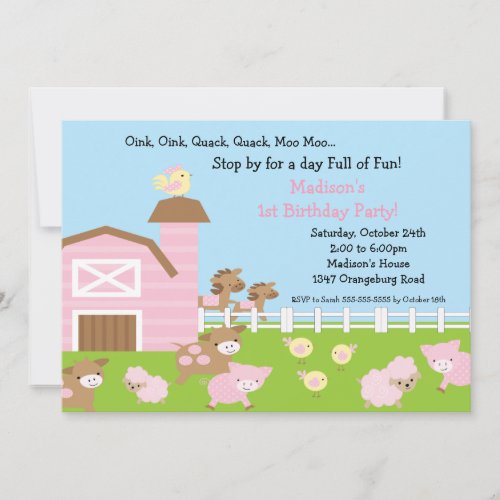 Girls Barn Animal Fun Birthday Party Personalized Announcement