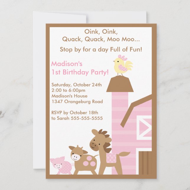 Girls Barn Animal Fun Birthday Party Invitation (Front)