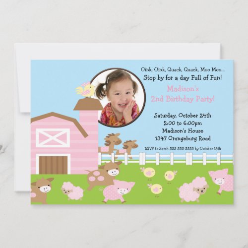 Girls Barn Animal Fun Photo Birthday Invitation