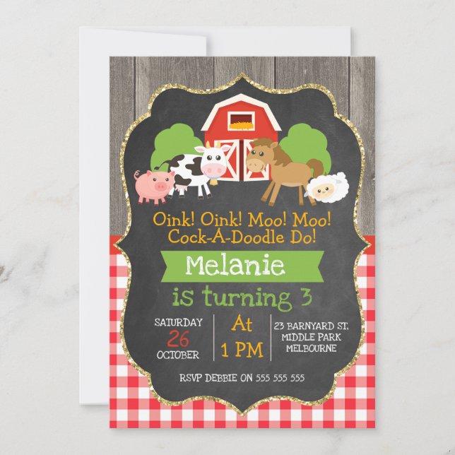 Girls Barnyard Chalkboard Birthday Invitation (Front)