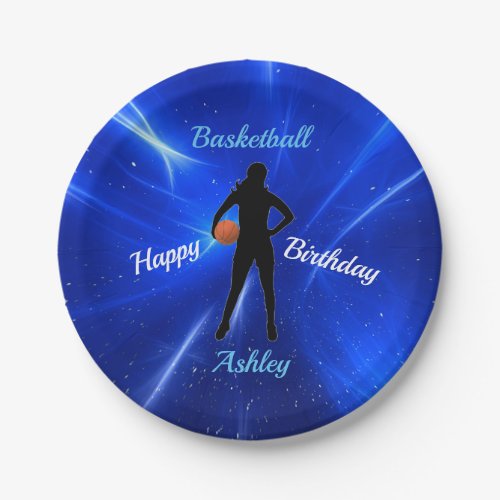 Girls Basketball Blue Birthday Paper Plates