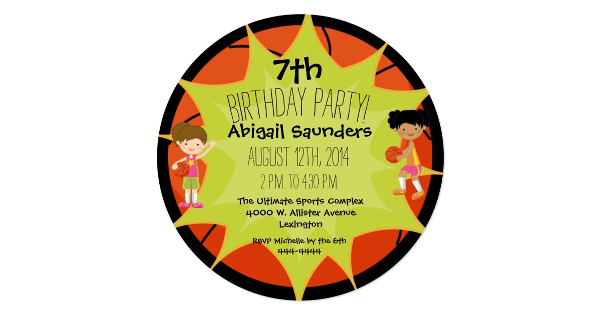 Girls Basketball Custom Birthday Circle Invitation Zazzle Com