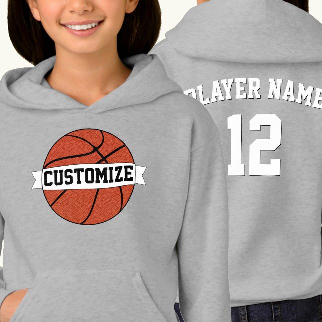 Girls Basketball Custom Team Player Name & Number Hoodie (Girls basketball team hoodie with custom team name, player name and player jersey number.)