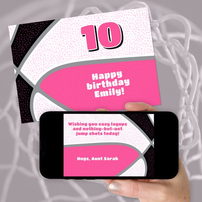 girls basketball happy birthday pink black card (front view of greeting card as printed and back view of card as downloaded on phone)
