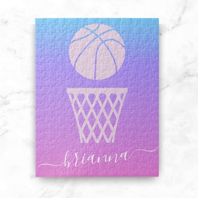 Girls Basketball Pink Purple Ombre Gradient & Name Jigsaw Puzzle (Creator Uploaded)