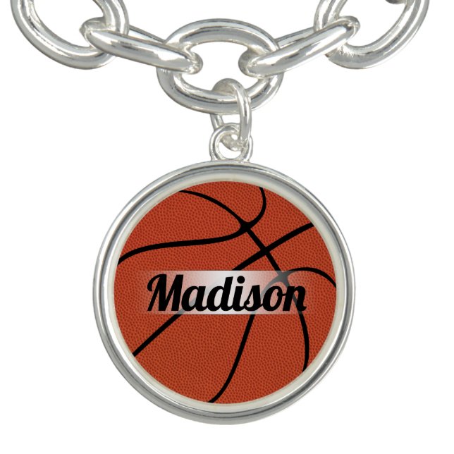 Girls Basketball Player Custom Text Charm Bracelet (Design)