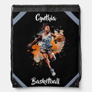 Girls Basketball Watercolor Personalized Drawstring Bag