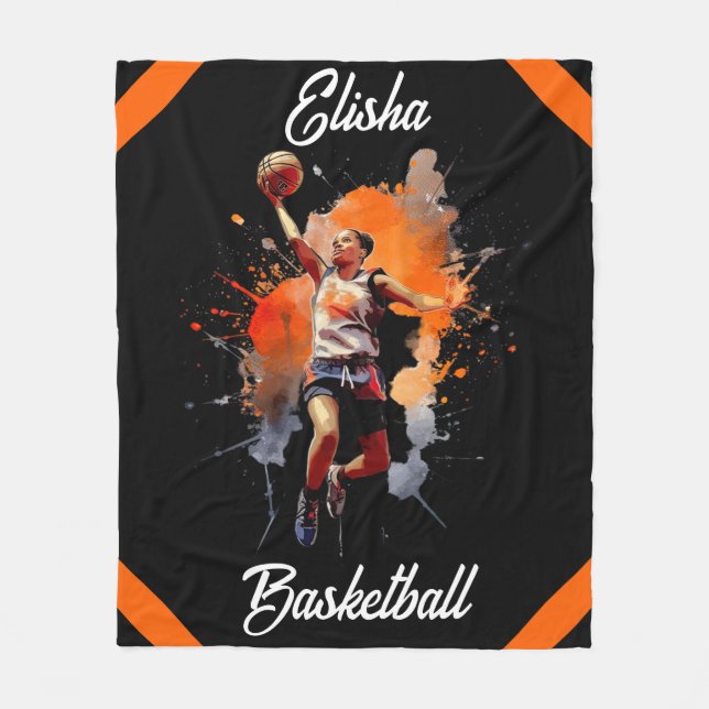 Girls Basketball Watercolor Personalized Fleece Blanket (Front)