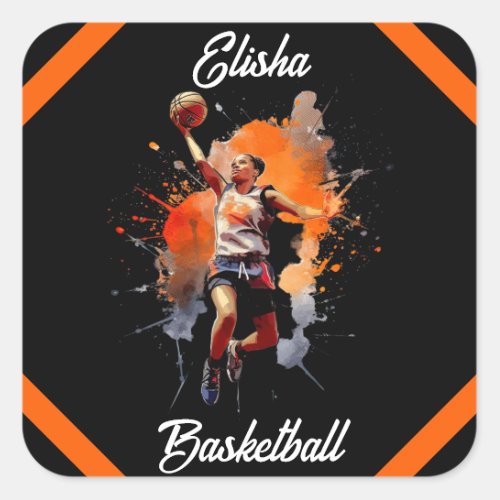 Girls Basketball Watercolor Personalized Square Sticker