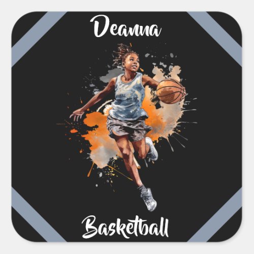 Girls Basketball Watercolor Personalized Square Sticker