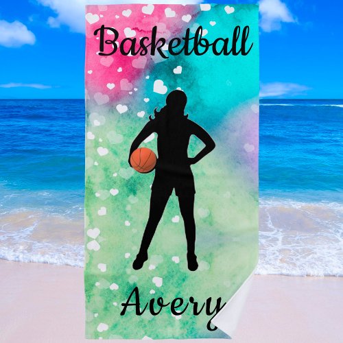 Girls Basketball Watercolor with Floating Hearts   Beach Towel