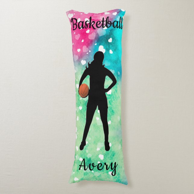 Girls Basketball Watercolor with Floating Hearts   Body Pillow (Front Vertical)