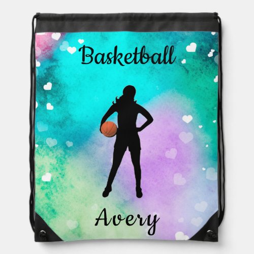 Girls Basketball Watercolor with Floating Hearts Drawstring Bag