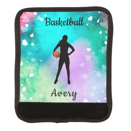 Girls Basketball Watercolor with Floating Hearts   Luggage Handle Wrap