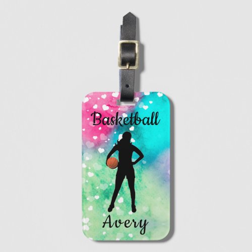 Girls Basketball Watercolor with Floating Hearts  Luggage Tag