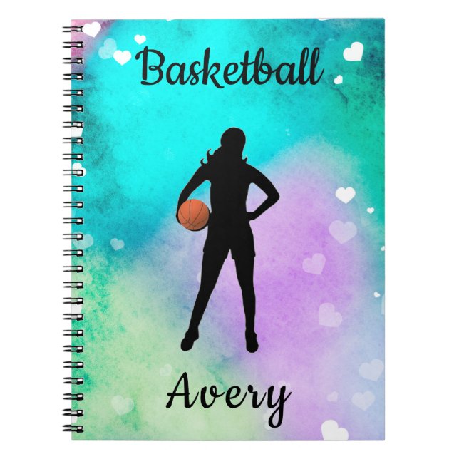 Girls Basketball Watercolor with Floating Hearts  Notebook (Front)