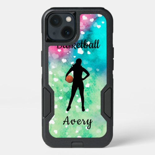 Girls Basketball Watercolor with Floating Hearts  iPhone 13 Case