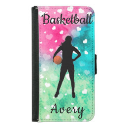 Girls Basketball Watercolor with Floating Hearts  Samsung Galaxy S5 Wallet Case
