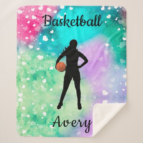Girls Basketball Watercolor with Floating Hearts  Sherpa Blanket