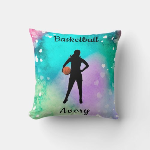 Girls Basketball Watercolor with Floating Hearts   Throw Pillow