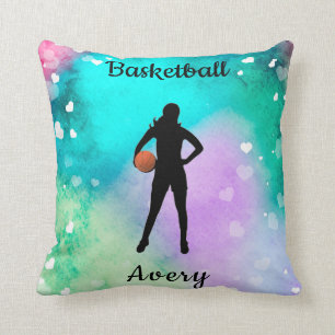 Girls Basketball Watercolor with Floating Hearts Throw Pillow