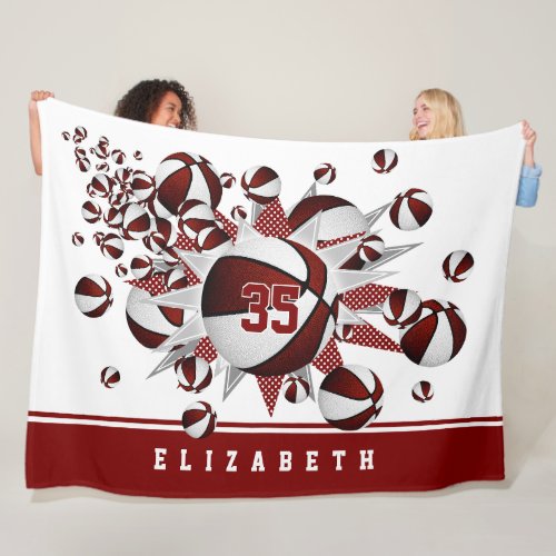 girls basketballs stars maroon white personalized fleece blanket