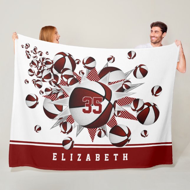 girls basketballs stars maroon white personalized fleece blanket (In Situ)