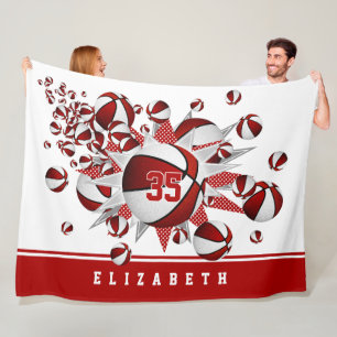 girls basketballs stars red white personalized fleece blanket