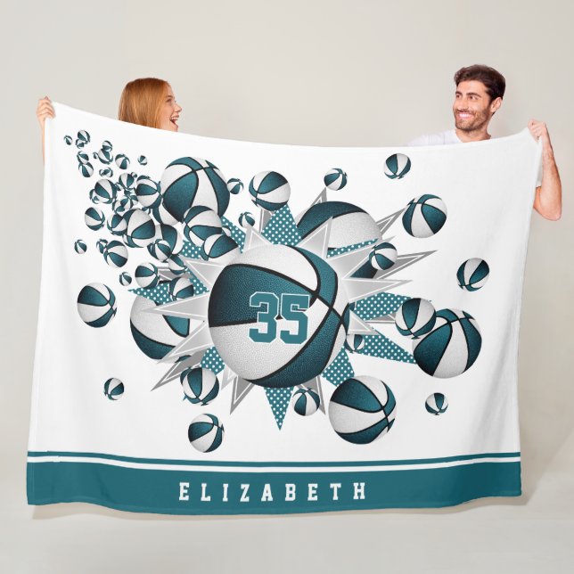 girls basketballs stars teal white personalized fleece blanket (In Situ)