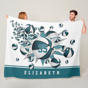 girls basketballs stars teal white personalized fleece blanket