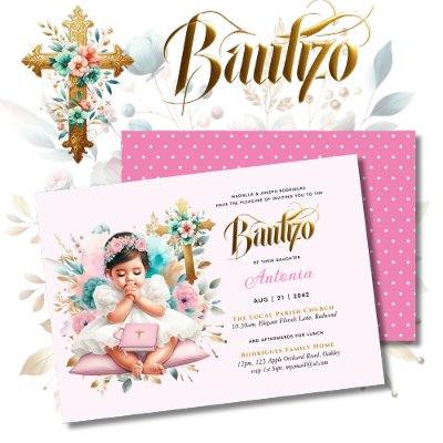 Girl's BAUTIZO Pink Gold Floral Cross Invitation
