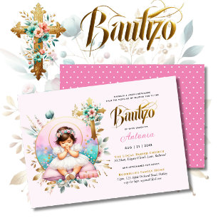 Girl's BAUTIZO Pink Gold Floral Cross Invitation